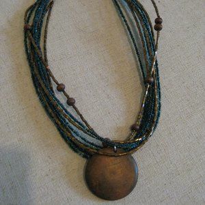Blue, Gold, and Wooden Beaded Adjustable Necklace